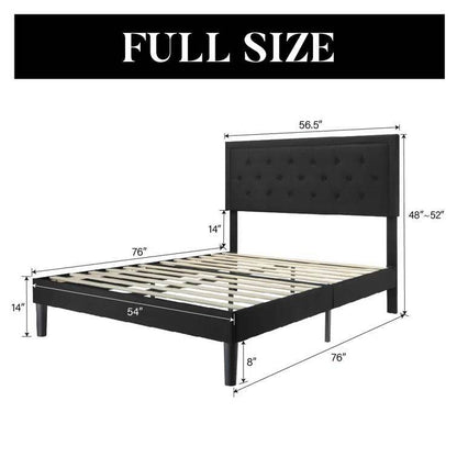 Full size Black Linen Upholstered Platform Bed with Button-Tufted Headboard - Loft&Timber