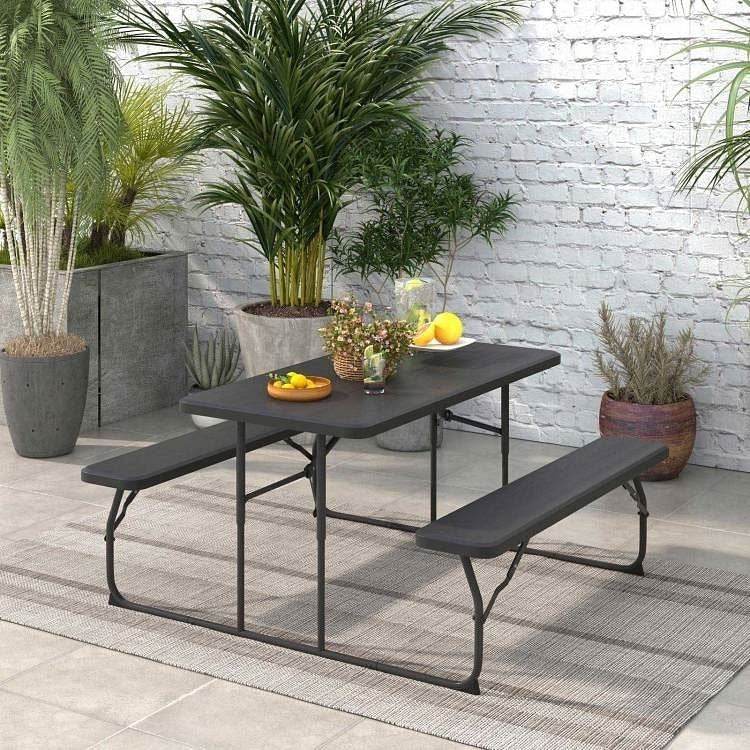 Folding Picnic Table with 2 Benches Outdoor Patio Dining Set in Black - Loft&Timber