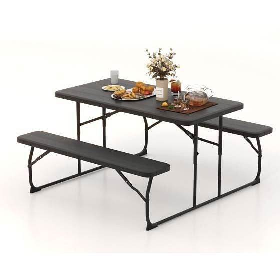 Folding Picnic Table with 2 Benches Outdoor Patio Dining Set in Black - Loft&Timber