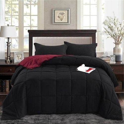 Full/Queen Traditional Microfiber Reversible 3 Piece Comforter Set in Black/Maroon - Loft&Timber