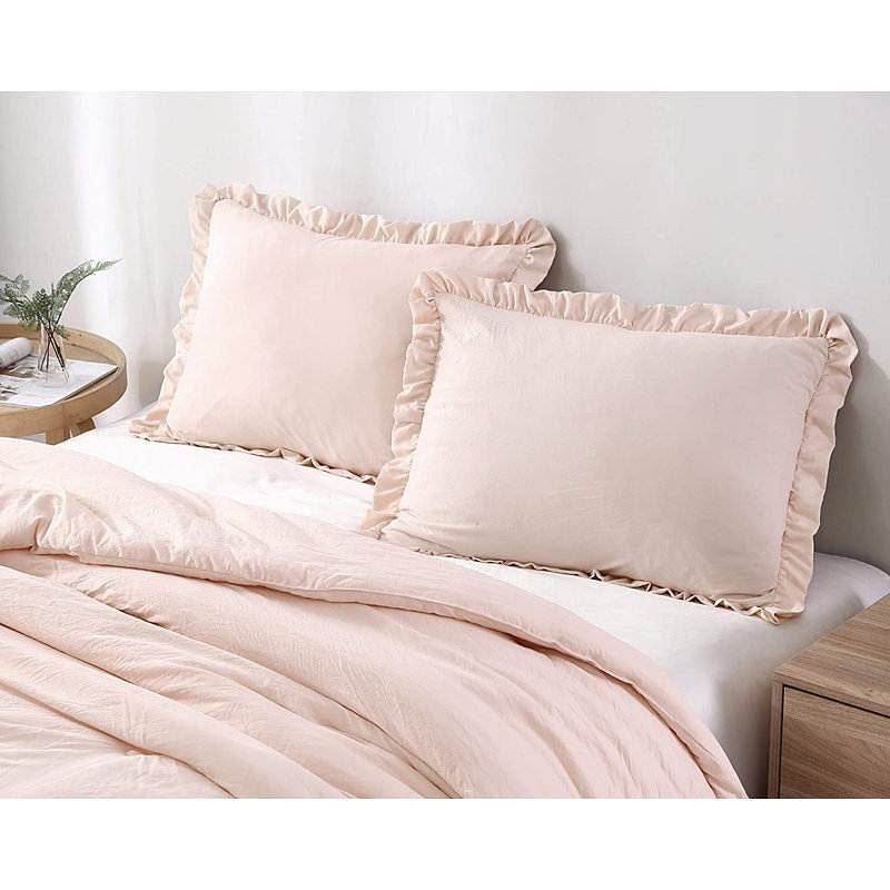 Full Size Pink Stone Washed Ruffled Edge Microfiber Comforter Set - Loft&Timber