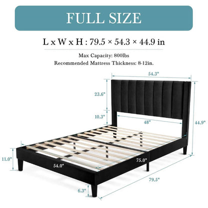 Full size Modern Black Velvet Upholstered Platform Bed with Headboard - Loft&Timber