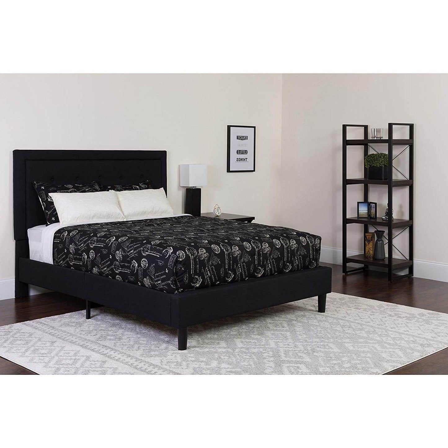 Full size Black Fabric Upholstered Platform Bed Frame with Headboard - Loft&Timber
