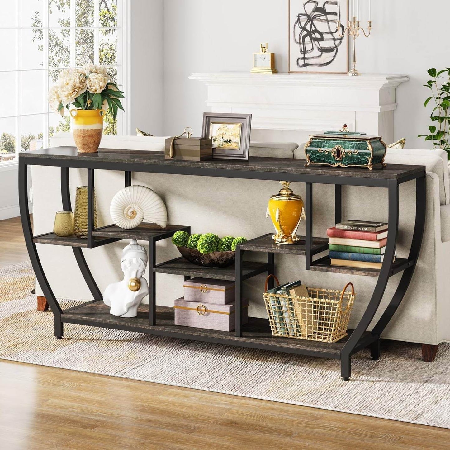 Modern Industrial 70-inch Long Narrow Console Sofa Table with Black Wood Shelves - Loft&Timber