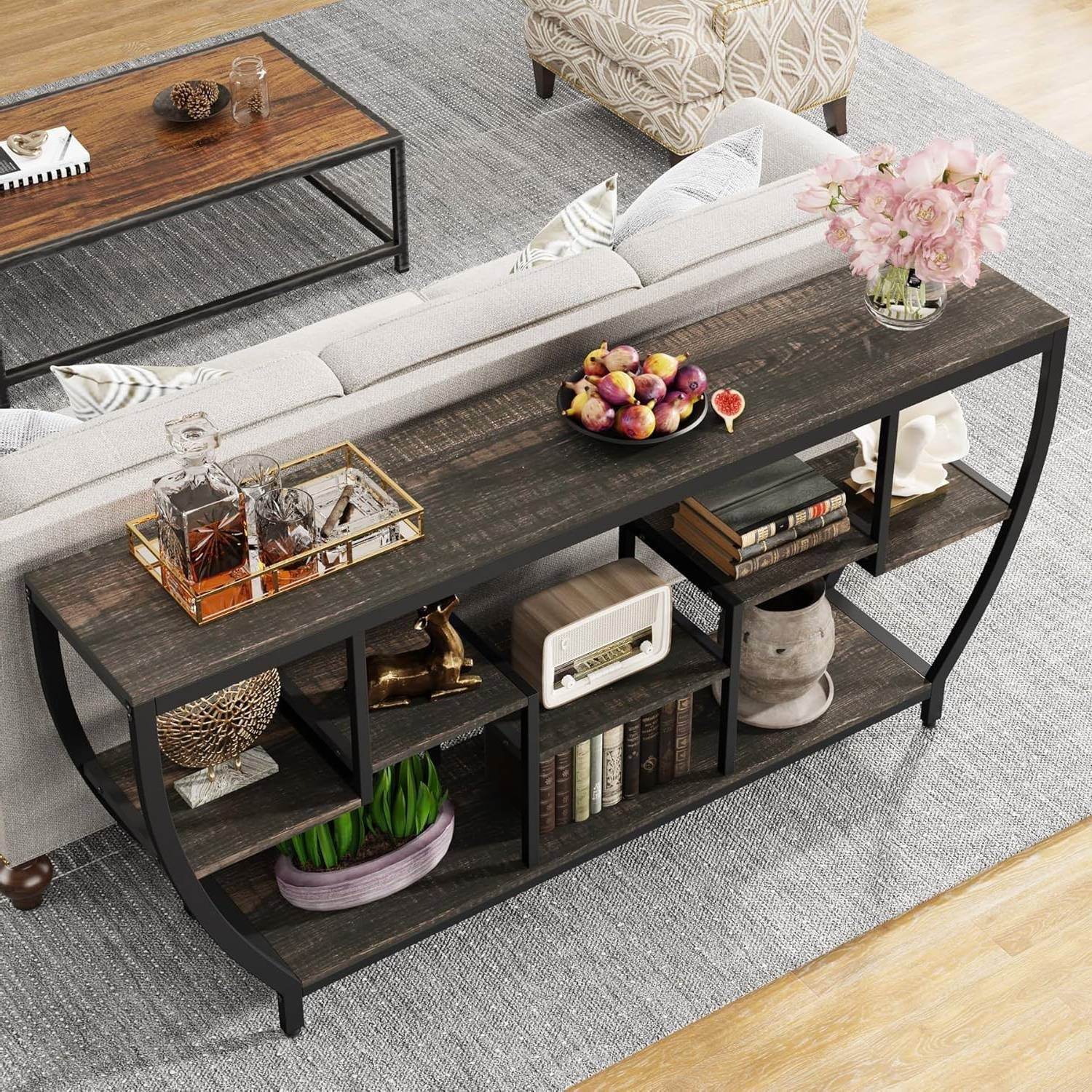 Modern Industrial 70-inch Long Narrow Console Sofa Table with Black Wood Shelves - Loft&Timber