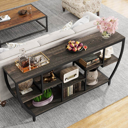 Modern Industrial 70-inch Long Narrow Console Sofa Table with Black Wood Shelves - Loft&Timber