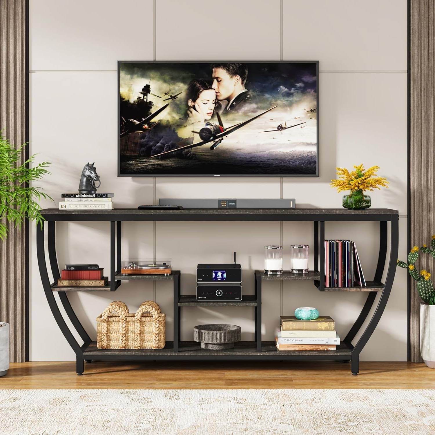 Modern Industrial 70-inch Long Narrow Console Sofa Table with Black Wood Shelves - Loft&Timber