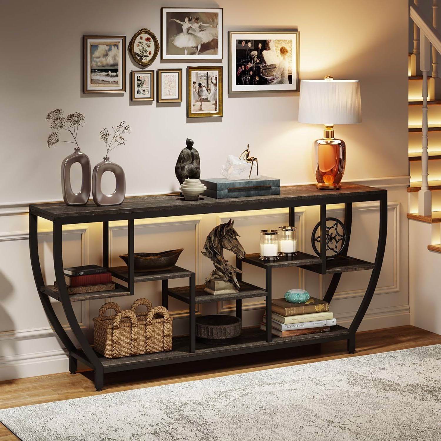 Modern Industrial 70-inch Long Narrow Console Sofa Table with Black Wood Shelves - Loft&Timber