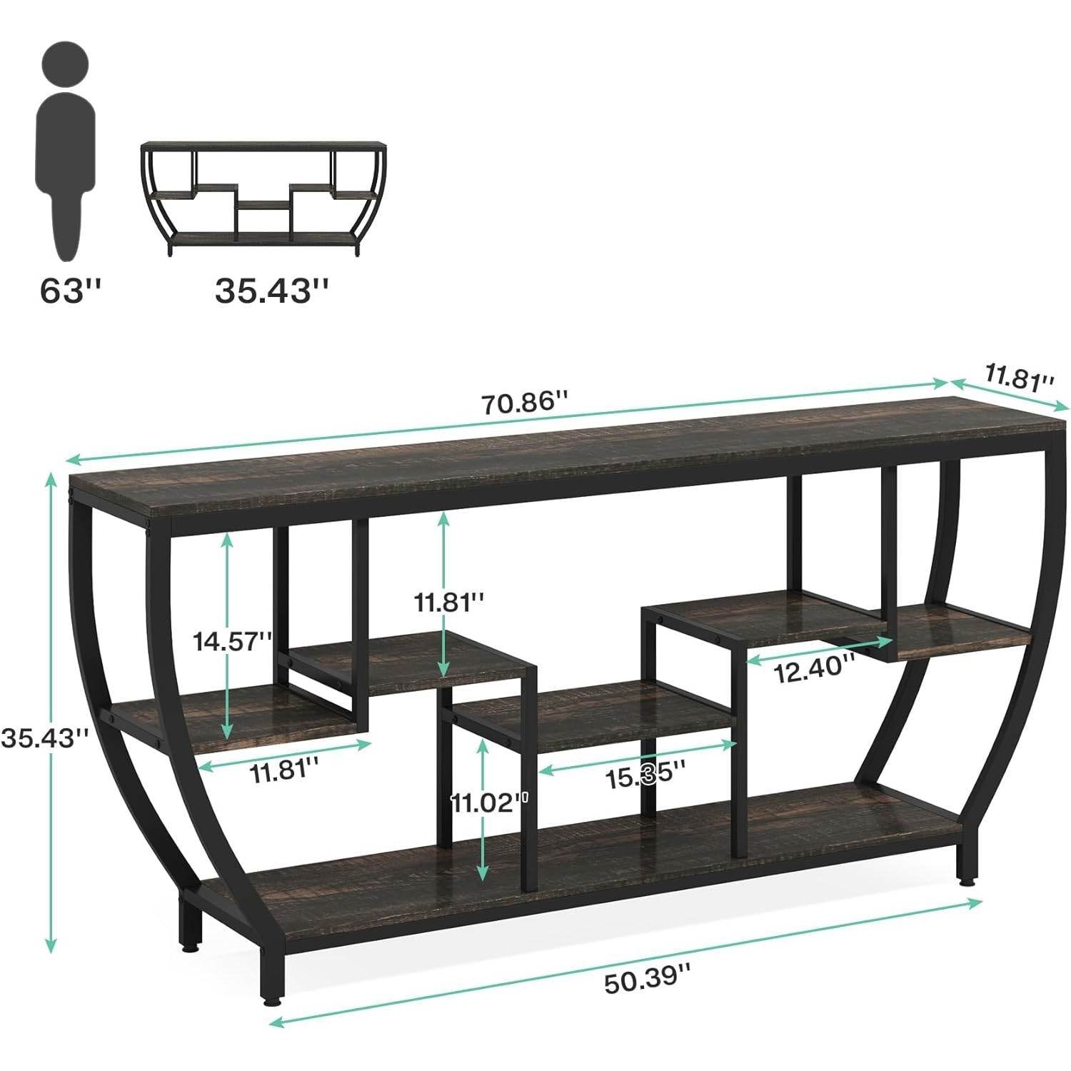 Modern Industrial 70-inch Long Narrow Console Sofa Table with Black Wood Shelves - Loft&Timber