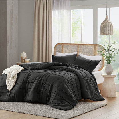 King size Pre-Washed Pleated Microfiber Comforter Set in Black - Loft&Timber