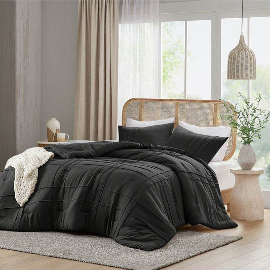 King size Pre-Washed Pleated Microfiber Comforter Set in Black - Loft&Timber