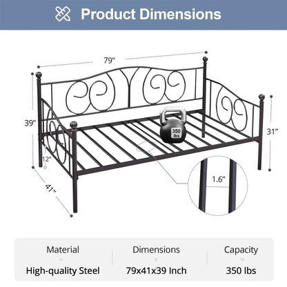Twin size Victorian Black Metal Daybed Frame - 350 lbs. Weight Capacity - Loft&Timber