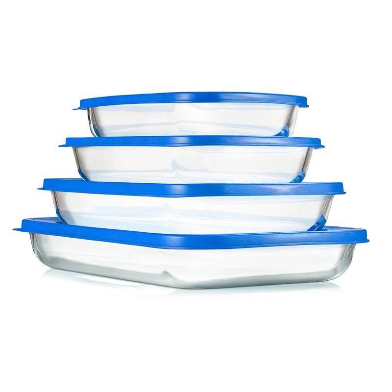 Set of 4 - Rectangular Oven Safe Glass Bakeware Set with Blue Plastic Lids - Loft&Timber