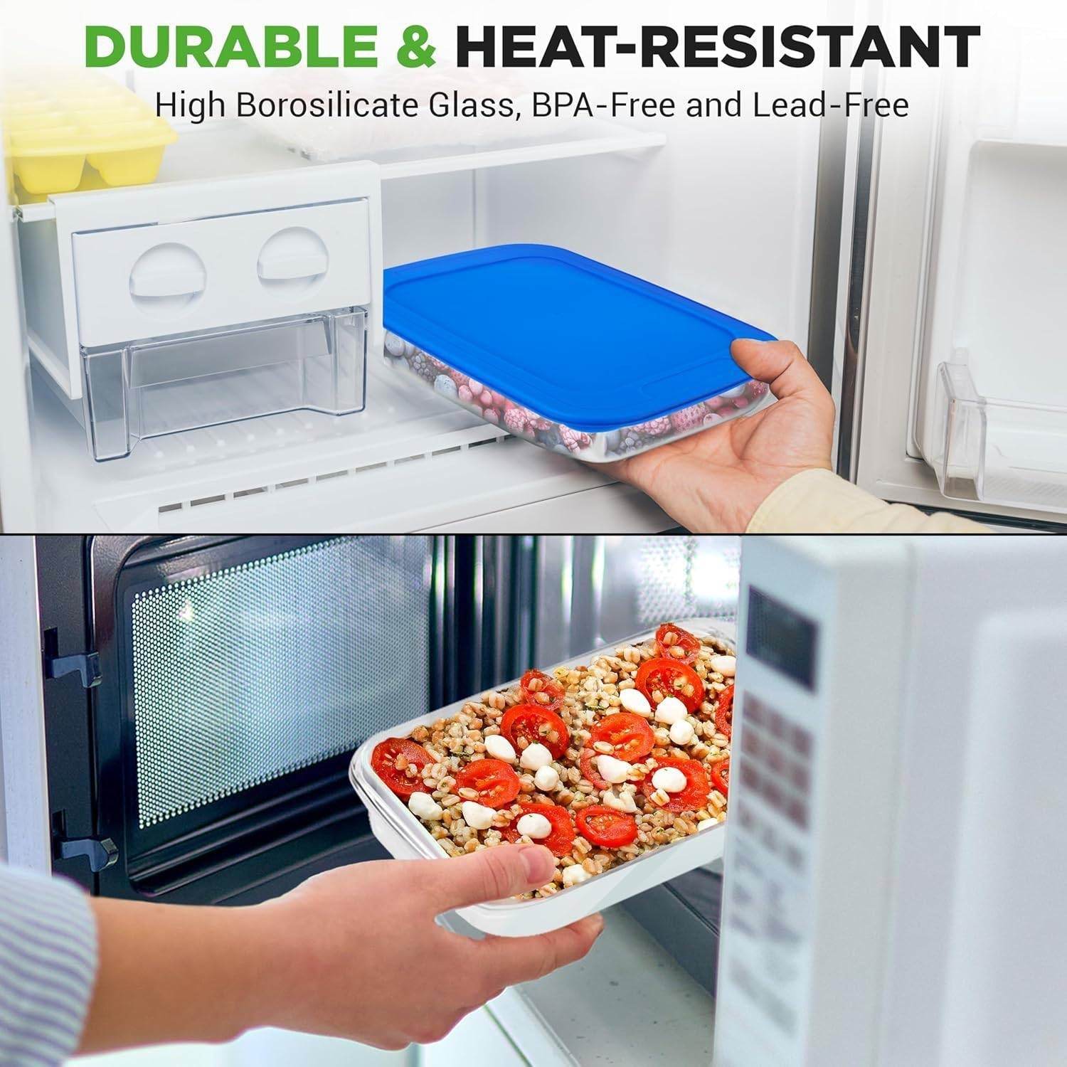 Set of 4 - Rectangular Oven Safe Glass Bakeware Set with Blue Plastic Lids - Loft&Timber