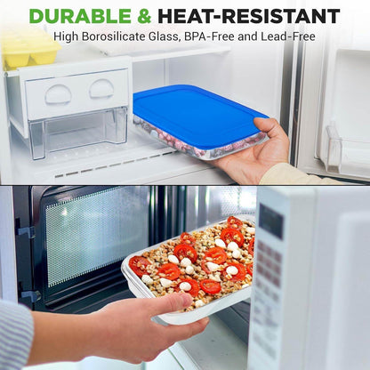 Set of 4 - Rectangular Oven Safe Glass Bakeware Set with Blue Plastic Lids - Loft&Timber