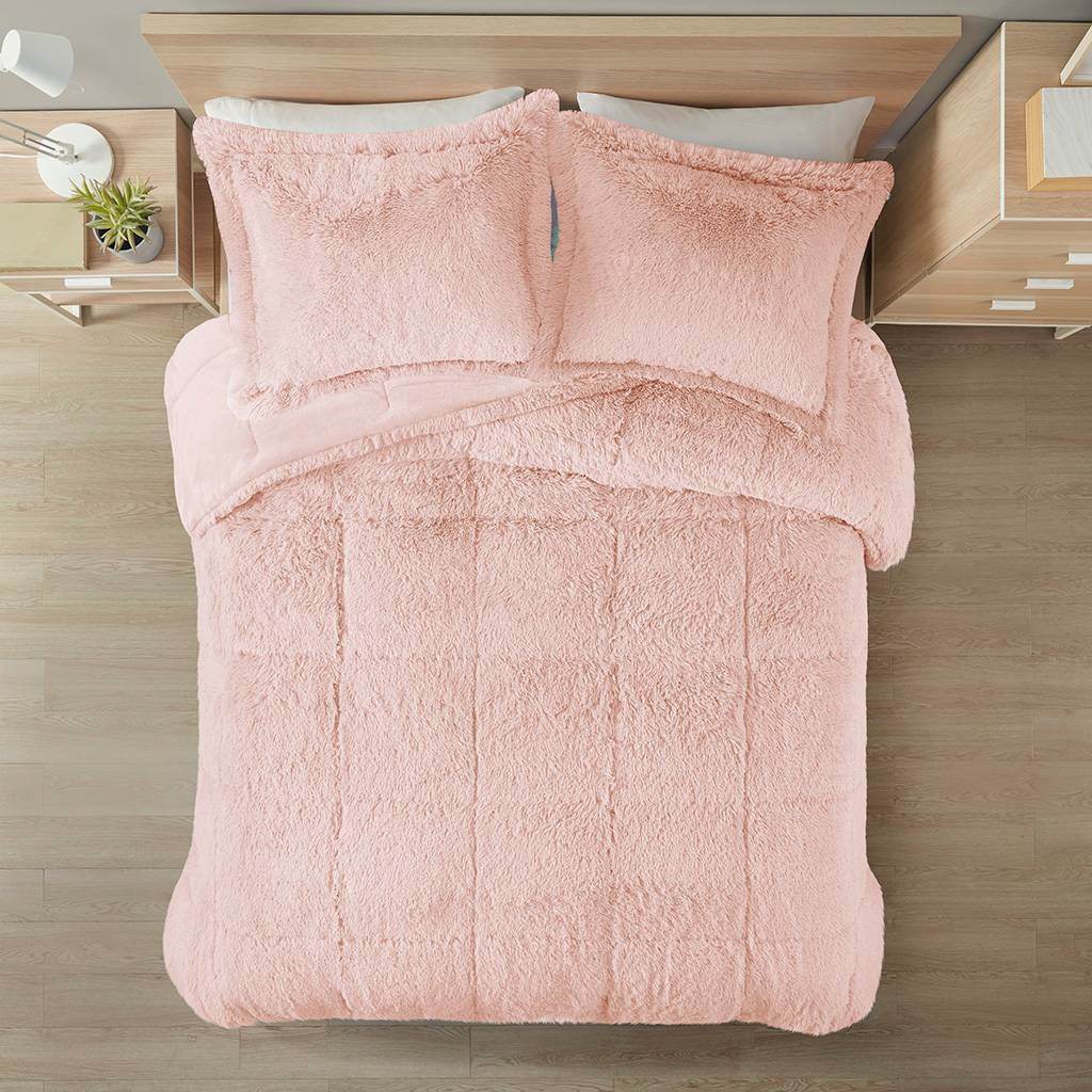 Full/Queen Pink Blush Soft Sherpa Faux Fur 3-Piece Comforter Set - Loft&Timber