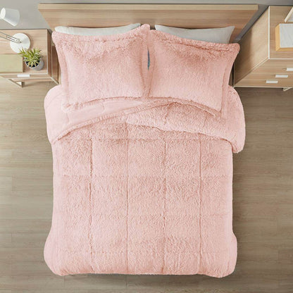 Full/Queen Pink Blush Soft Sherpa Faux Fur 3-Piece Comforter Set - Loft&Timber