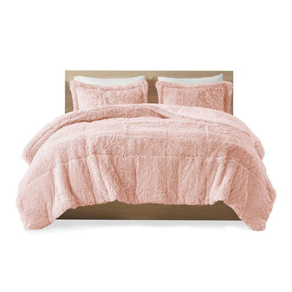 Full/Queen Pink Blush Soft Sherpa Faux Fur 3-Piece Comforter Set - Loft&Timber