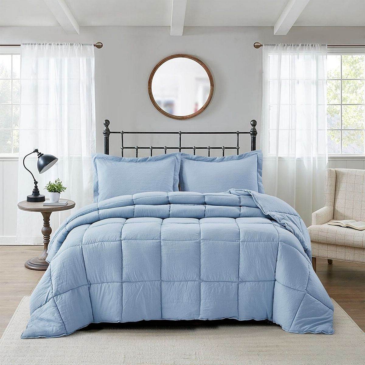 Queen Size Blue 3 Piece Microfiber Reversible Comforter Set - Loft&Timber