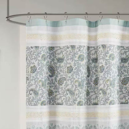 72 x 72-in Cotton Shower Curtain with Teal Blue Grey Cream White Paisley Pattern - Loft&Timber