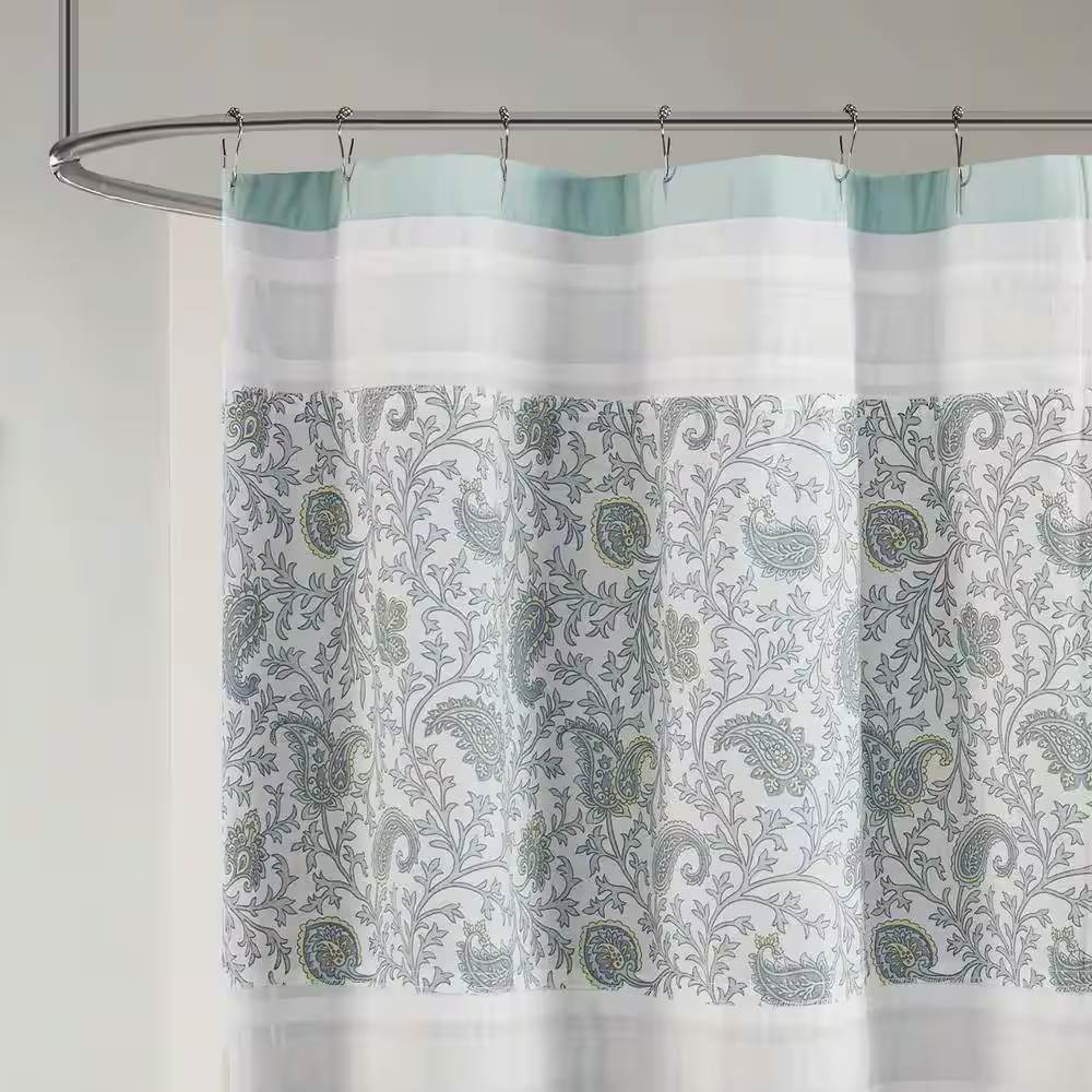 72 x 72-in Cotton Shower Curtain with Teal Blue Grey Cream White Paisley Pattern - Loft&Timber