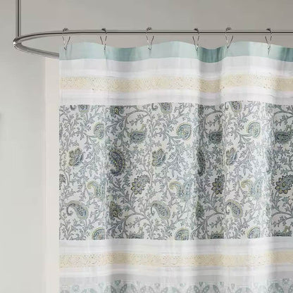 72 x 72-in Cotton Shower Curtain with Teal Blue Grey Cream White Paisley Pattern - Loft&Timber