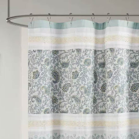72 x 72-in Cotton Shower Curtain with Teal Blue Grey Cream White Paisley Pattern - Loft&Timber