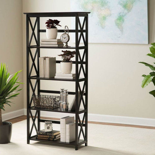 Tall 5-Tier Bookcase in Black Wood Finish - Loft&Timber