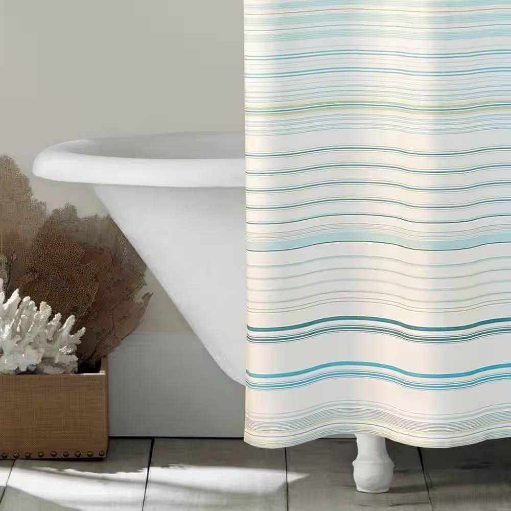 72-inch Sea Breeze Blue Green White Cabana Stripe Cotton Shower Curtain - Loft&Timber