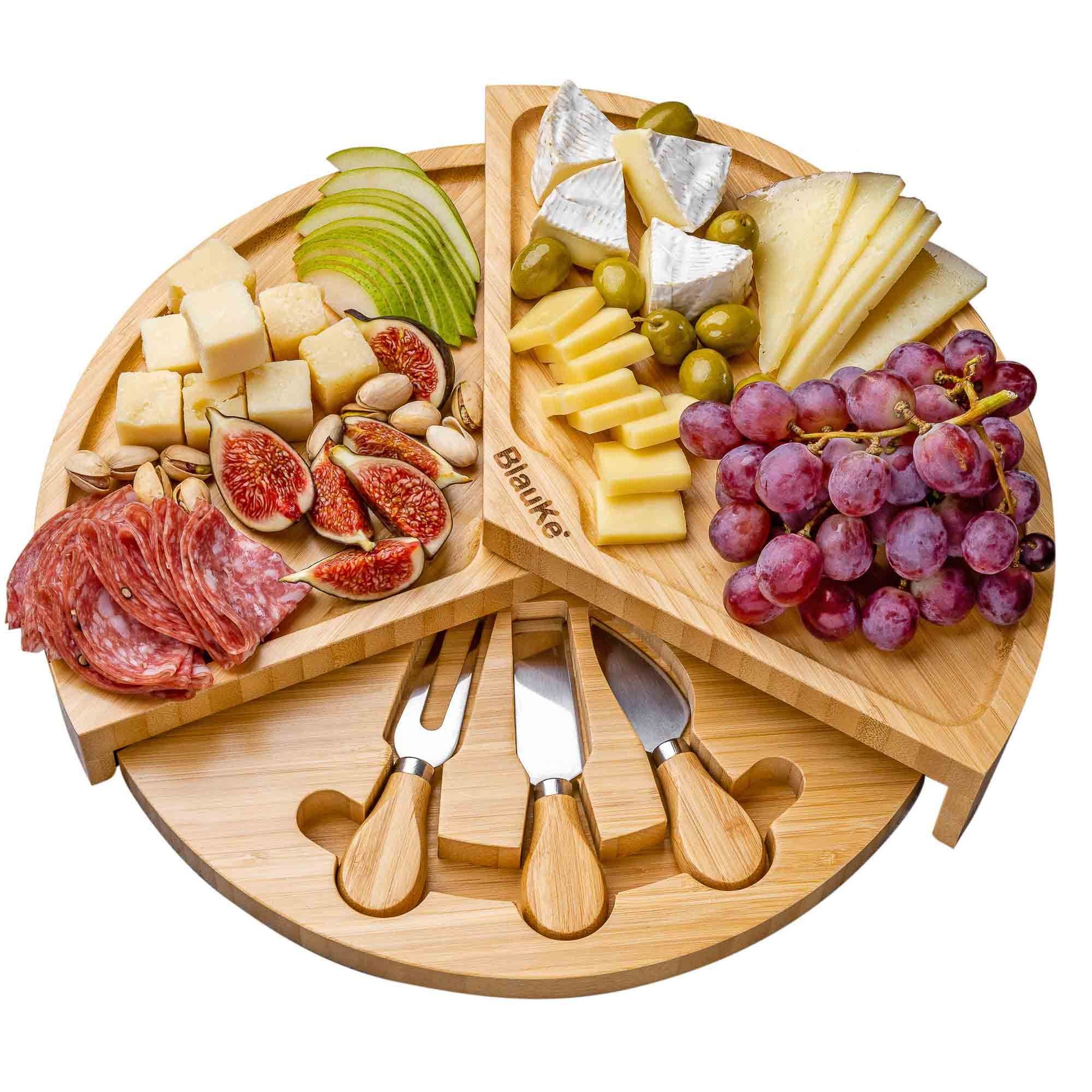 Bamboo Cheese Board and Knife Set - 14 Inch Swiveling Charcuterie Board with Slide-Out Drawer - Cheese Serving Platter, Round Serving Tray - Loft&Timber