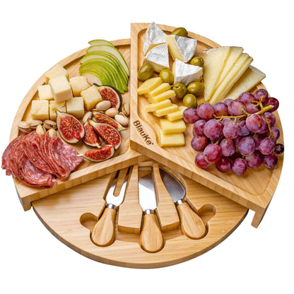 Bamboo Cheese Board and Knife Set - 14 Inch Swiveling Charcuterie Board with Slide-Out Drawer - Cheese Serving Platter, Round Serving Tray - Loft&Timber