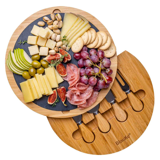Round Bamboo Cheese Board with Knife Set and Removable Slate - 12 inch Swiveling Charcuterie Board - Loft&Timber
