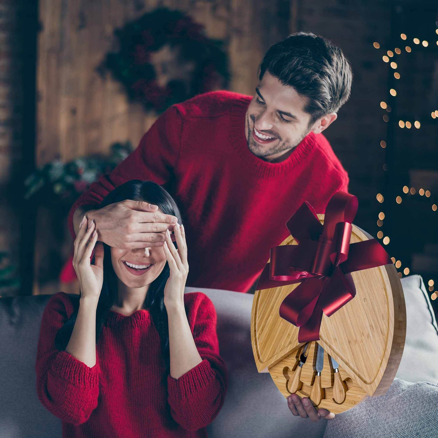 Bamboo Cheese Board and Knife Set - 14 Inch Swiveling Charcuterie Board with Slide-Out Drawer - Cheese Serving Platter, Round Serving Tray - Loft&Timber