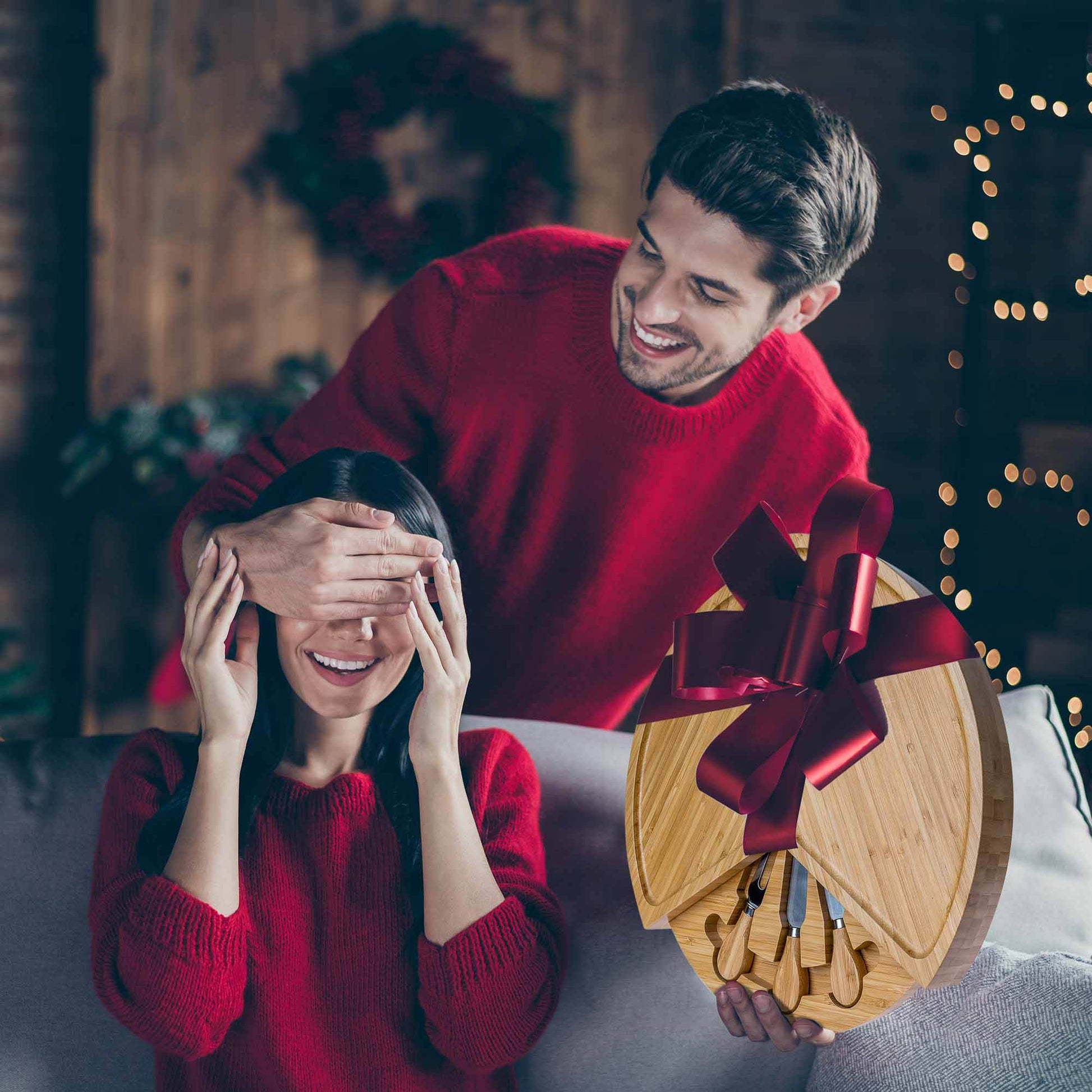 Bamboo Cheese Board and Knife Set - 14 Inch Swiveling Charcuterie Board with Slide-Out Drawer - Cheese Serving Platter, Round Serving Tray - Loft&Timber