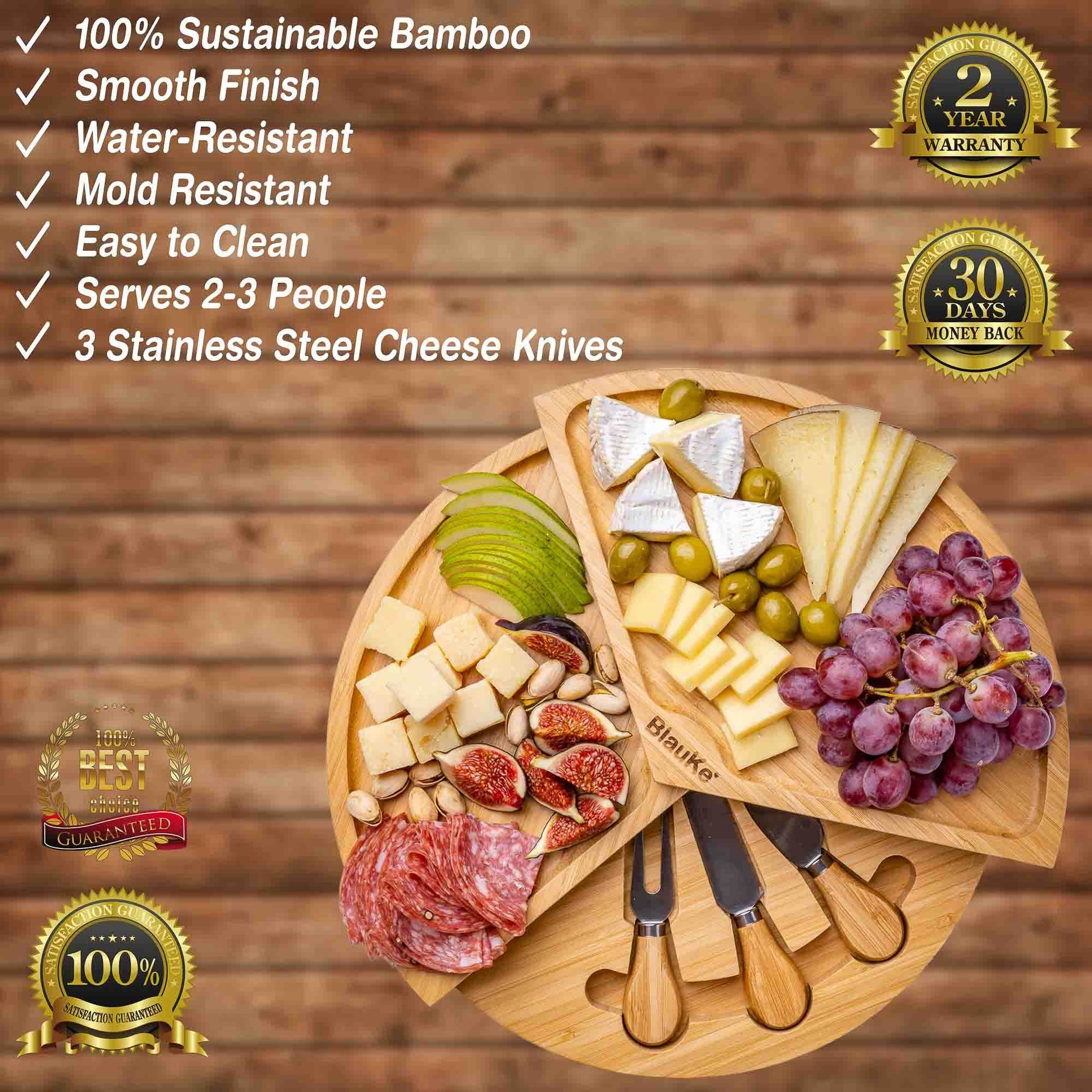 Bamboo Cheese Board and Knife Set - 14 Inch Swiveling Charcuterie Board with Slide-Out Drawer - Cheese Serving Platter, Round Serving Tray - Loft&Timber