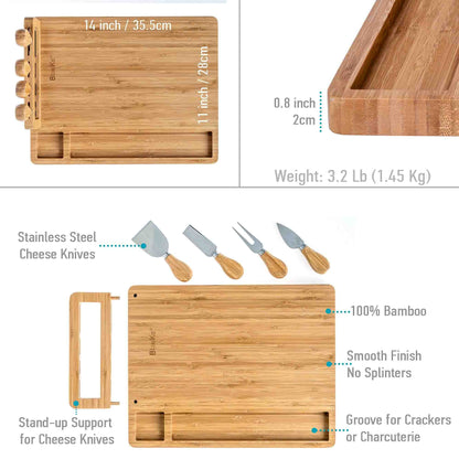 Bamboo Cheese Board and Knife Set - 14x11 inch Charcuterie Board with 4 Cheese Knives - Wood Serving Tray - Loft&Timber
