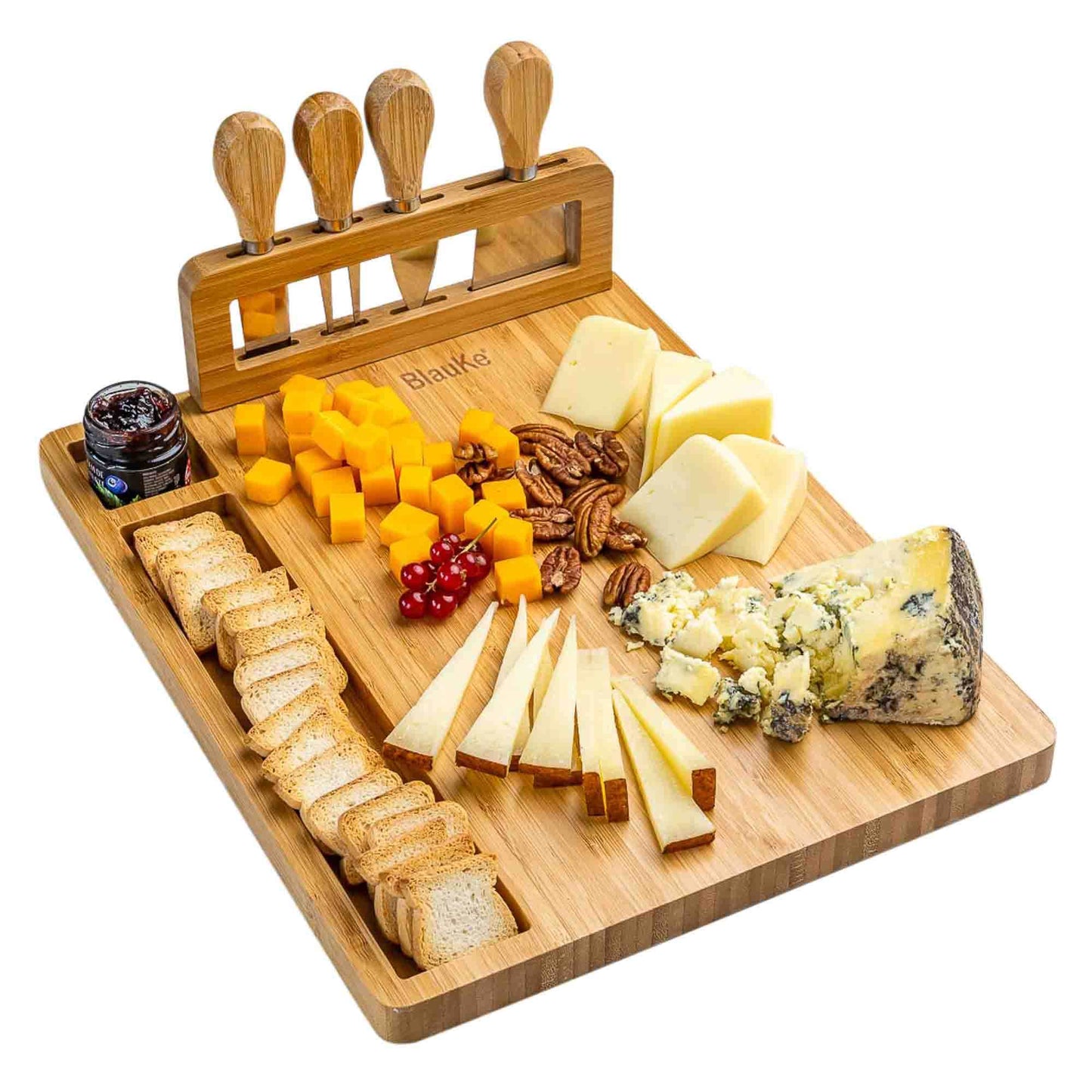 Bamboo Cheese Board and Knife Set - 14x11 inch Charcuterie Board with 4 Cheese Knives - Wood Serving Tray - Loft&Timber
