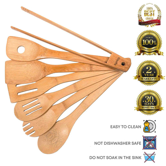 Wooden Spoons for Cooking 7-Pack - Bamboo Kitchen Utensils Set for Nonstick Cookware - Loft&Timber