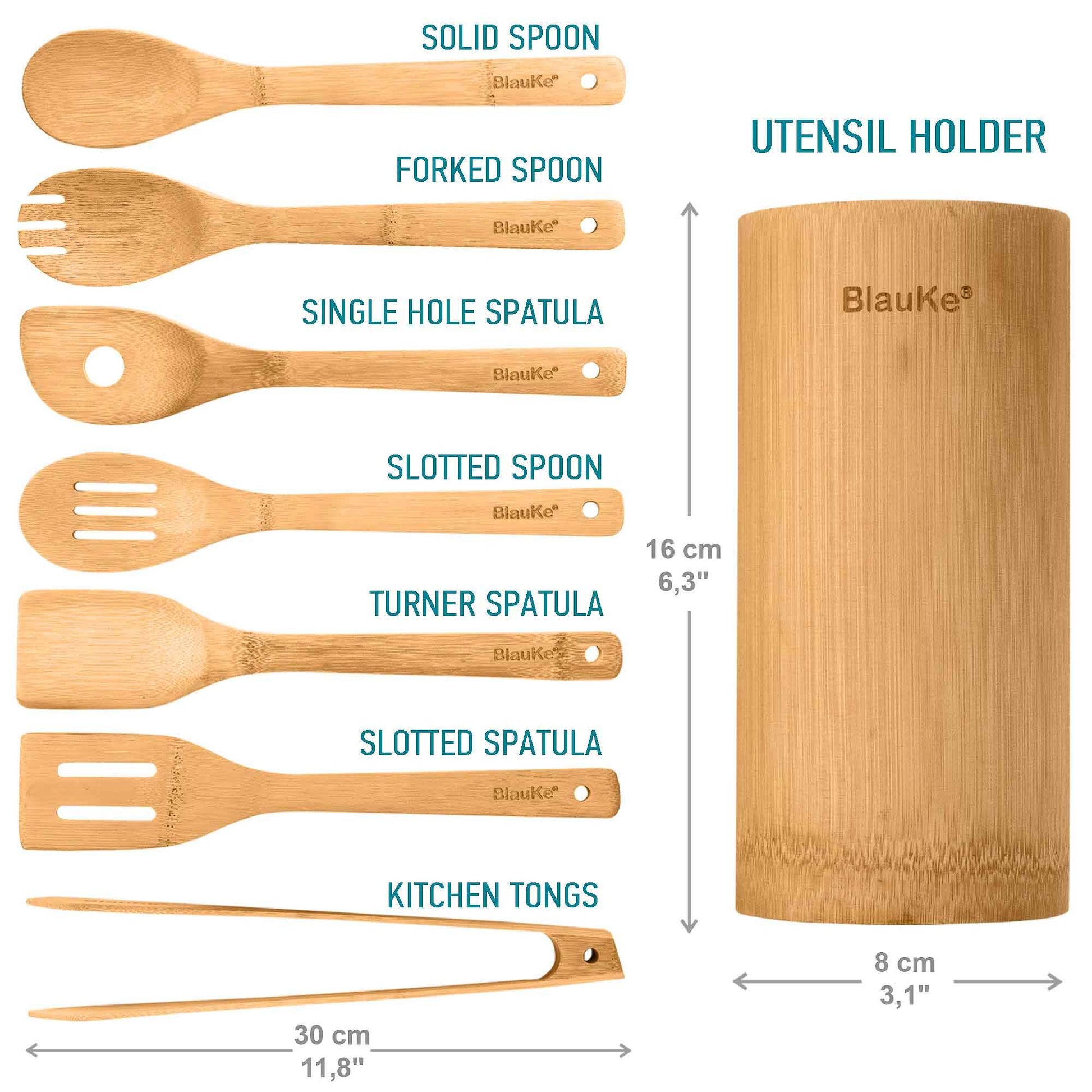 Bamboo Kitchen Utensils Set 8-Pack - Wooden Cooking Utensils for Nonstick Cookware - Wooden Cooking Spoons, Spatulas, Turner, Tongs, Utensil Holder - Loft&Timber