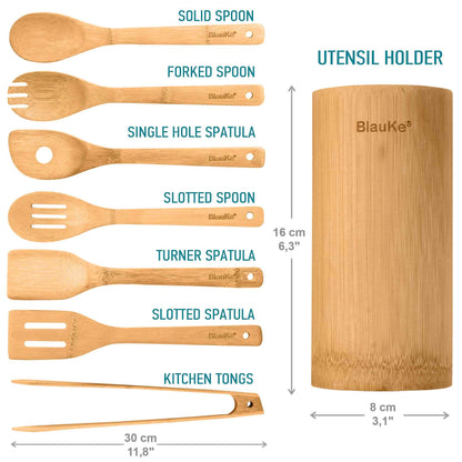 Bamboo Kitchen Utensils Set 8-Pack - Wooden Cooking Utensils for Nonstick Cookware - Wooden Cooking Spoons, Spatulas, Turner, Tongs, Utensil Holder - Loft&Timber
