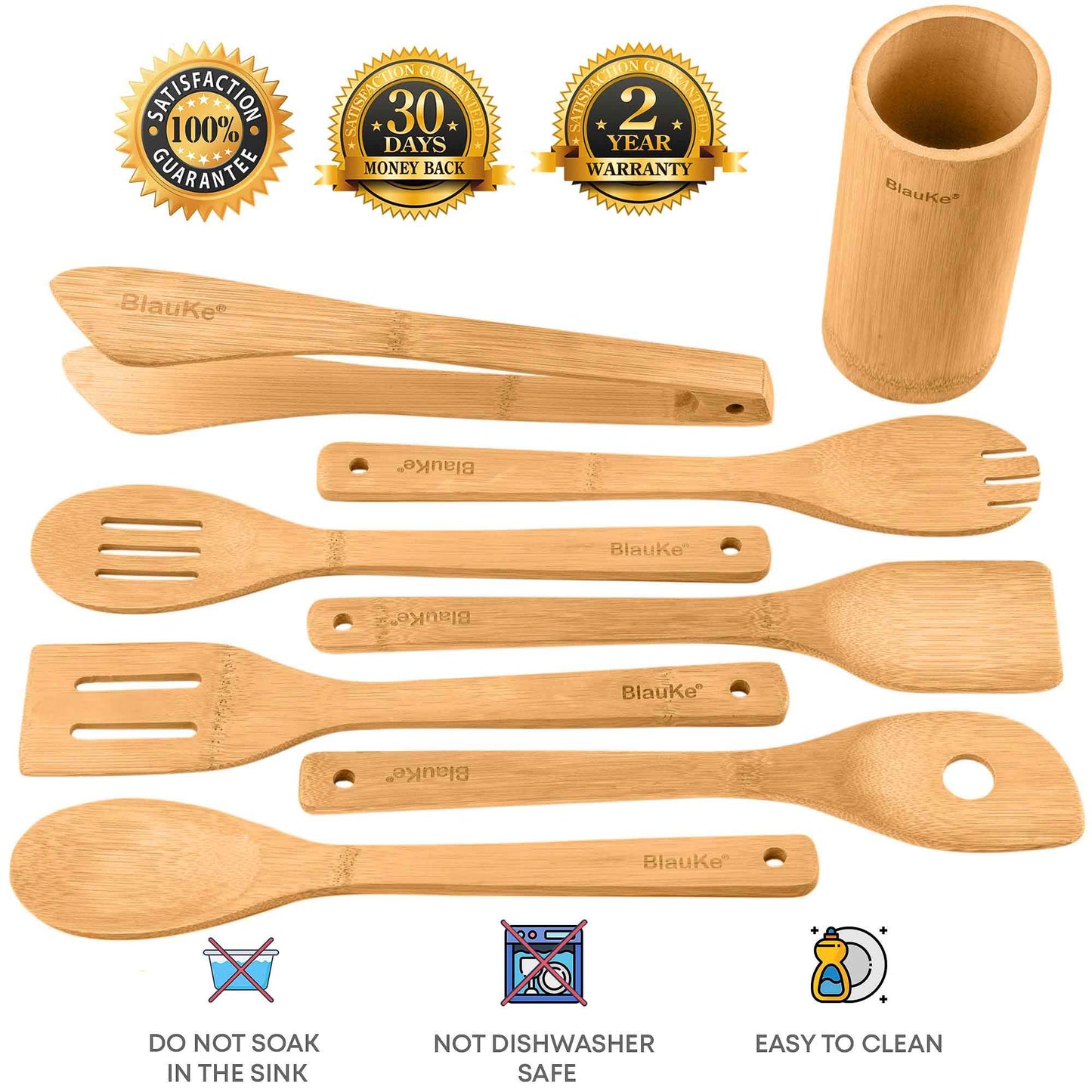 Bamboo Kitchen Utensils Set 8-Pack - Wooden Cooking Utensils for Nonstick Cookware - Wooden Cooking Spoons, Spatulas, Turner, Tongs, Utensil Holder - Loft&Timber