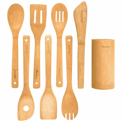 Bamboo Kitchen Utensils Set 8-Pack - Wooden Cooking Utensils for Nonstick Cookware - Wooden Cooking Spoons, Spatulas, Turner, Tongs, Utensil Holder - Loft&Timber