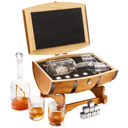 Large Display Whiskey & Wine Decanter with Antique Ship - Handcrafted Wood Barrel Storage - Wine Savant Decanters Gifts Set with 2 Glasses, & Drink Chiller Stones for Your Bar - 16" x 8" x 15" - Loft&Timber