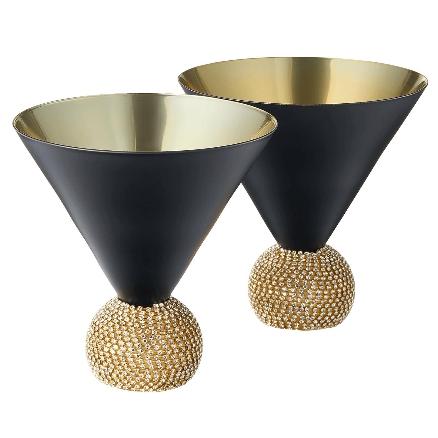 The Wine Savant Diamond Studded Martini Glasses Set of 2 Black & Gold Rimmed Modern Cocktail Glass, Rhinestone With Stemless Crystal Ball Base, Bar or Party 10.5oz, Swarovski Style Crystals - Loft&Timber