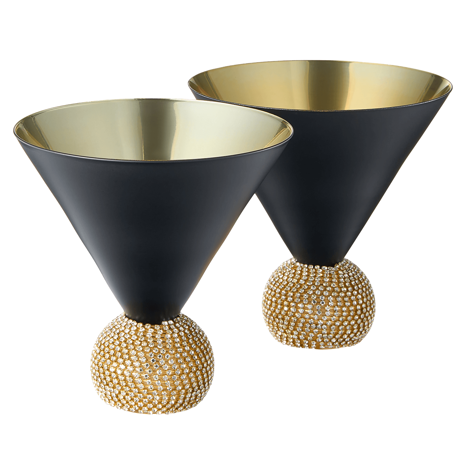 The Wine Savant Diamond Studded Martini Glasses Set of 2 Black & Gold Rimmed Modern Cocktail Glass, Rhinestone With Stemless Crystal Ball Base, Bar or Party 10.5oz, Swarovski Style Crystals - Loft&Timber