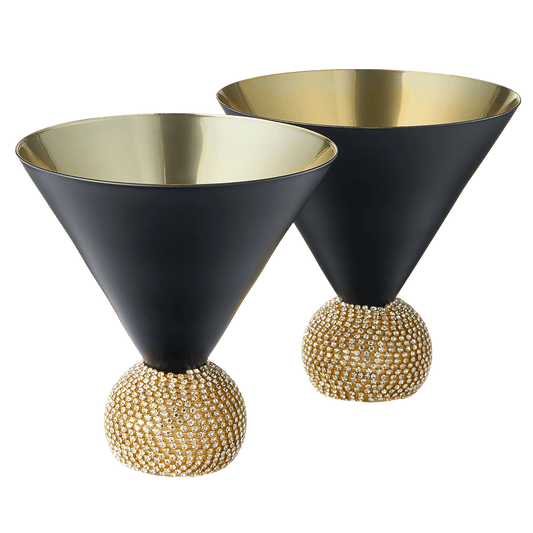 The Wine Savant Diamond Studded Martini Glasses Set of 2 Black & Gold Rimmed Modern Cocktail Glass, Rhinestone With Stemless Crystal Ball Base, Bar or Party 10.5oz, Swarovski Style Crystals - Loft&Timber