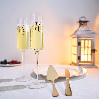 Wedding, Bridal Mr & Mrs Champagne Flutes Gift | Set of 2 | Crystal Champagne Flutes for Him and Her, Valentine's Day, Housewarming Gifts, Engagement Shower Gift for Bride and Groom GIFT BOX (Gold) - Loft&Timber