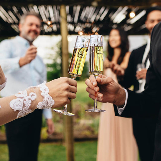Wedding, Bridal Mr & Mrs Champagne Flutes Gift | Set of 2 | Crystal Champagne Flutes for Him and Her, Valentine's Day, Housewarming Gifts, Engagement Shower Gift for Bride and Groom GIFT BOX (Gold) - Loft&Timber