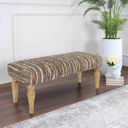 Bustos Leather Striped Wooden Base Bench - Loft&Timber