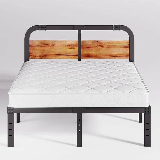 California King Heavy Duty Black Metal Bed Frame with Wood Panel Headboard - Loft&Timber